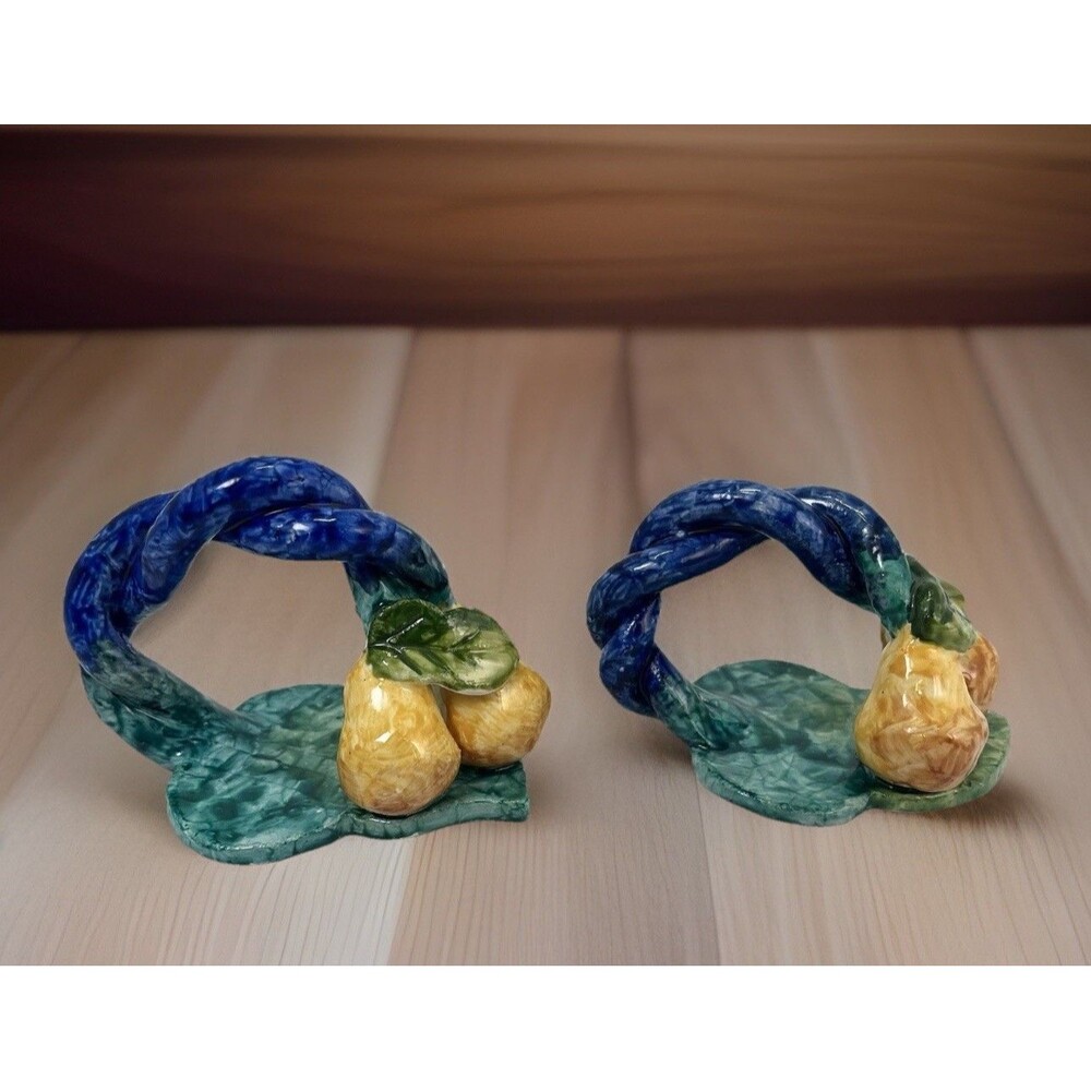 Vintage Handcrafted Majolica Pear Napkin Rings Set Of 2 Hand Painted Italy